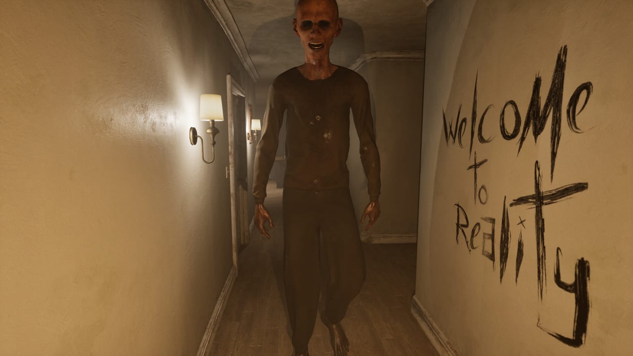 Gaunt figure walking a lamp-lit cabin hallway beside Welcome to Reality graffiti in the cabin game
